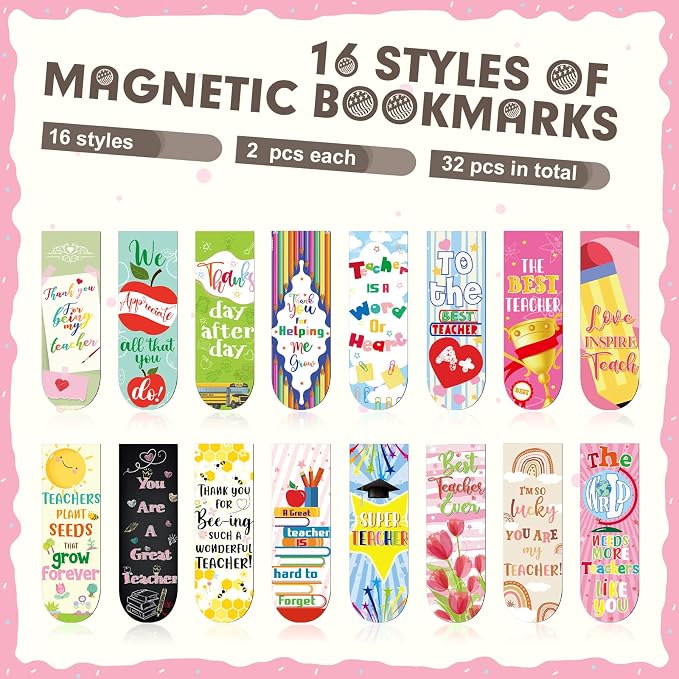 Gersoniel 32 Pcs Teacher Appreciation Gifts Bulk Teacher Magnetic Bookmarks Inspirational Page Clips Thank You Gifts for Employee Staff Xmas Stocking Stuffers for Women(Cute)