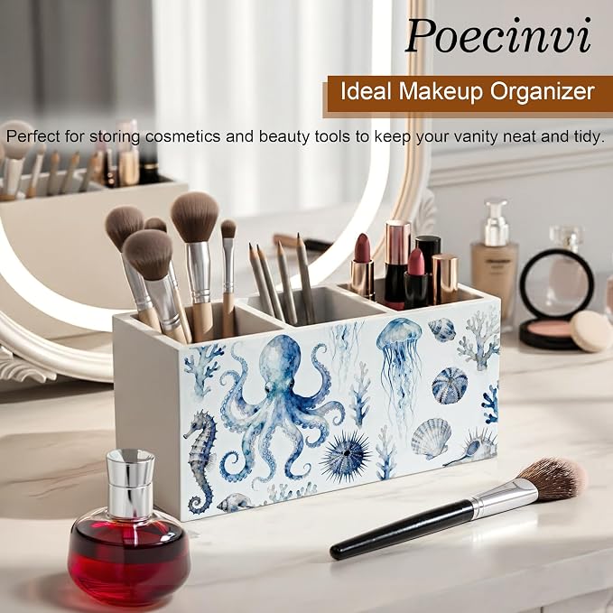 Watercolor Octopus Coastal Beach Pen Holder for Home Office Desk, Beach Office Decor, Blue Nautical Ocean Marine Life Wooden Box Sign Pencil Holder for Desk Shelf Organizer