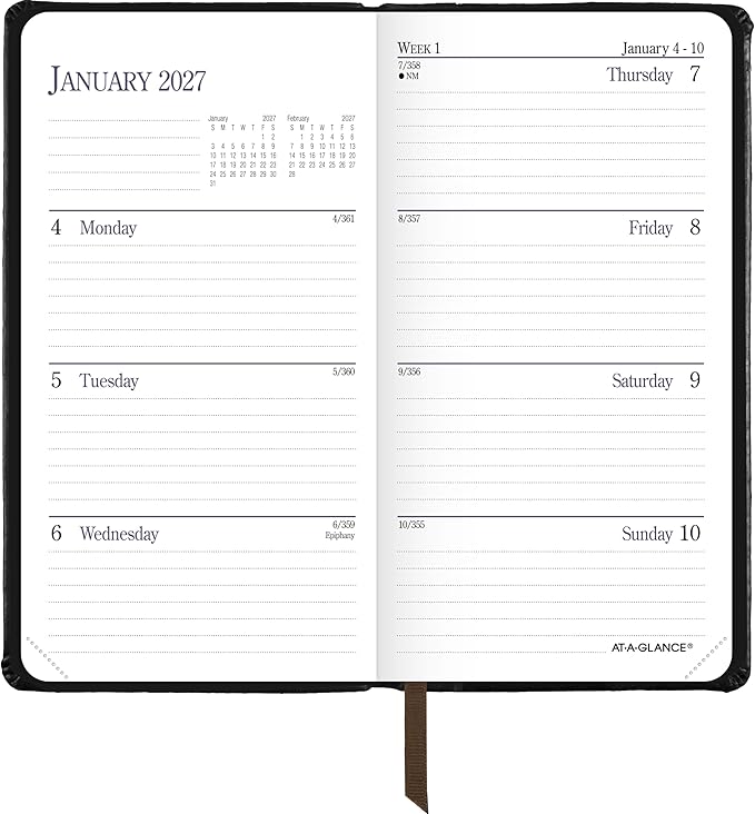 AT-A-GLANCE 2027 Planner, Weekly & Monthly, 3" x 6", Pocket Size Fine Diary, Faux Leather Hardcover, Black Brown (74020527)
