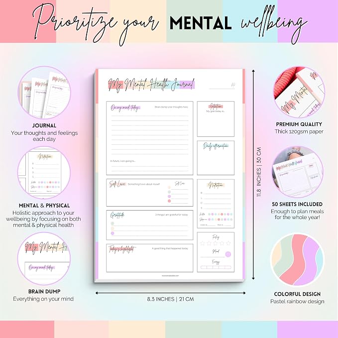 Mental Health Journal Planner | Daily Gratitude, Self Care, Intentions, Affirmations and Nutrition (Colorful, A4)
