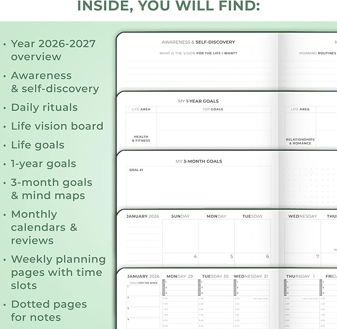 Clever Fox Dated Hourly Weekly Planner 2026 – Daily, Monthly & Yearly Agenda Organizer with Time Slots – Hardcover Journal, A5 Size (Forest Green)