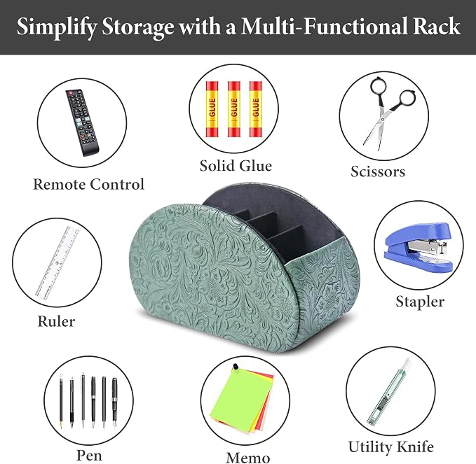 Remote Control Holder, PU Leather Remote Caddy Desktop Organizer with 5 Spacious Compartments for TV Remotes/Media Controllers/Office Supplies (1-Carved3 Green1