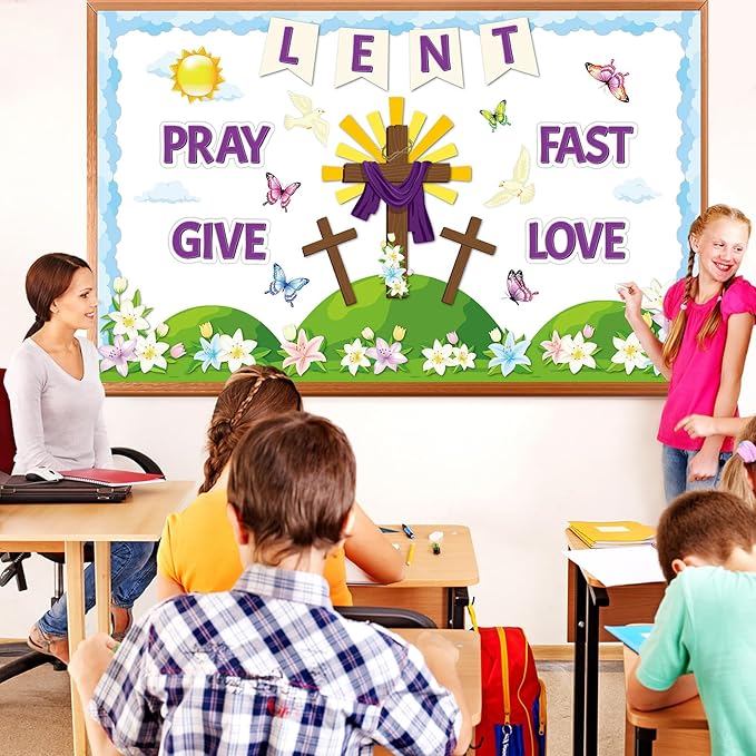 Lent Christian Bulletin Board Set Easter Religious Cross Classroom Decoration Lent Pray Fast Give Love Bulletin Board Lily Flower Cutouts for Sunday School Church Parish Catholic Chalkboard Wall Decor