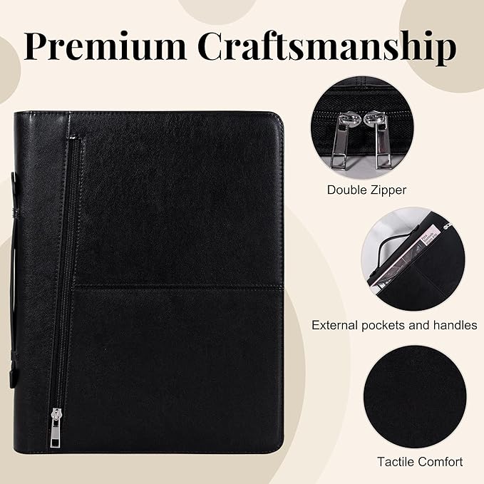 Calfinder Portfolio Binder, Portfolio with Handle and Zipper, Leather Portfolio for Men Women,Portfolio Organizer for A4 Letter Size Notepad, Business Card Holder,Padfolio for Business, School, Work