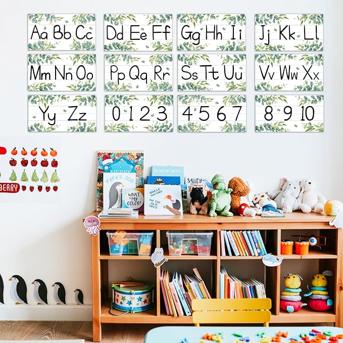 12 Pieces Alphabet Bulletin Board Strips Set Greenery Alphabet Line ABC Alphabets Banner & Number Border Posters for Preschool Kindergarten Classroom Bedroom Playroom (Eucalyptus)