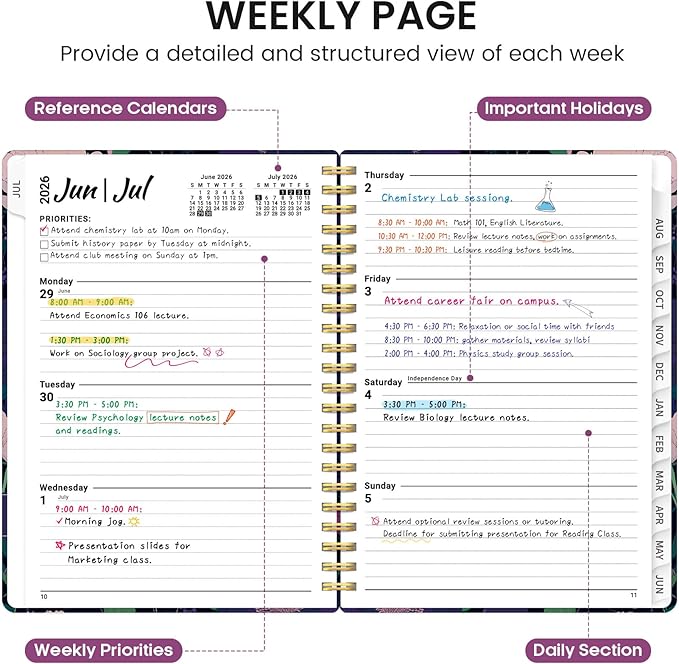 Planner 2026-2027, Academic Monthly and Weekly Calendar Planner for Women, July 2026 - June 2027, Hardcover Pretty Agenda Planner Book with Tabs, Spiral Daily Organizer for School Office Home Supplies, 8.5" x 11" - Plum Reverie