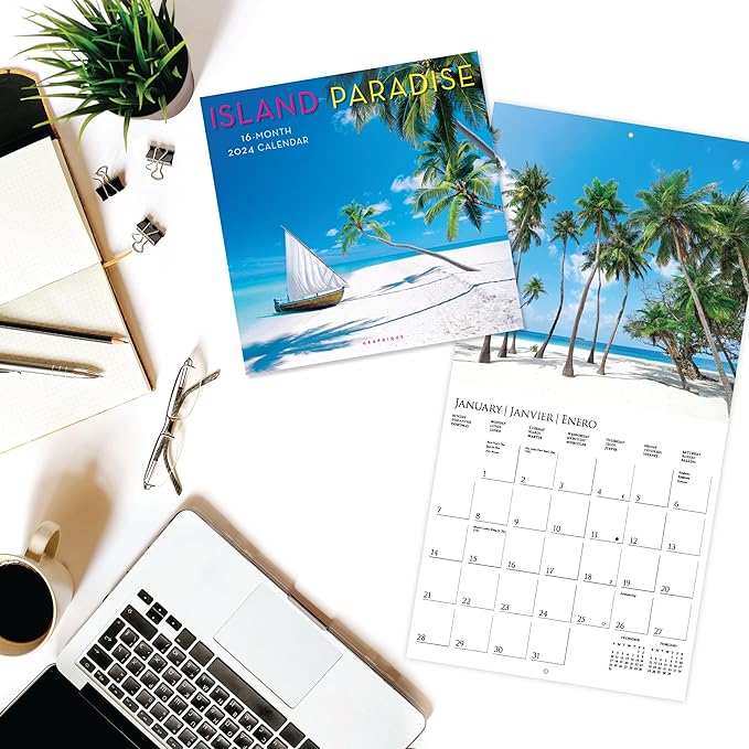 Graphique 2024 Island Paradise Wall Calendar | 12” x 12” | Thick Paper | Home & Office Organizer | Large Monthly Grid | 3 Languages & Marked Holidays | 4 Month Preview Page for 2025