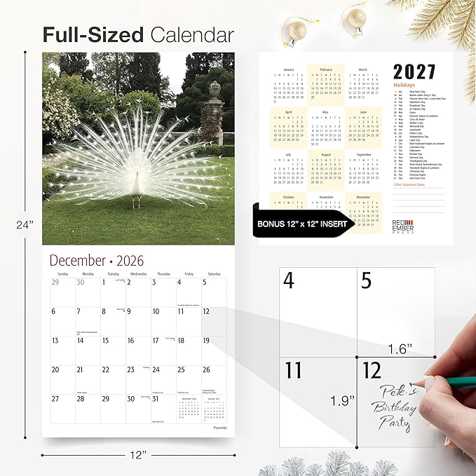 RED EMBER Peacocks 2026 Wall Calendar 12 Month | 12" x 24" Open | Thick & Sturdy Paper | Giftable | Bird Calendar 2026