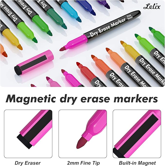 Lelix 15 Colors Dry Erase Markers, Magnetic Whiteboard Markers Fine Point with Eraser for Back to School, Office, Home Perfect for Writing on White Board, Dry Erase Board, Mirror, Glass