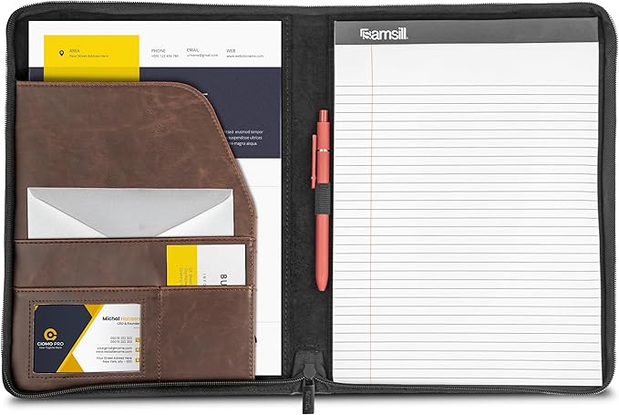 Samsill Vintage Portfolio/Zipper Faux Leather Portfolio, Book Style Hardback Design, Business & Interview Padfolio Organizer, 8.5 x 11 Writing Pad, Dark Brown