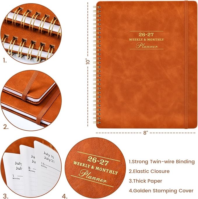 Planner 2026-2027 - July 2026 - June 2027, 2026-2027 Academic Weekly Monthly Planner, 8" x 10", Leather Brown Cover, Spiral Bound, Tabs