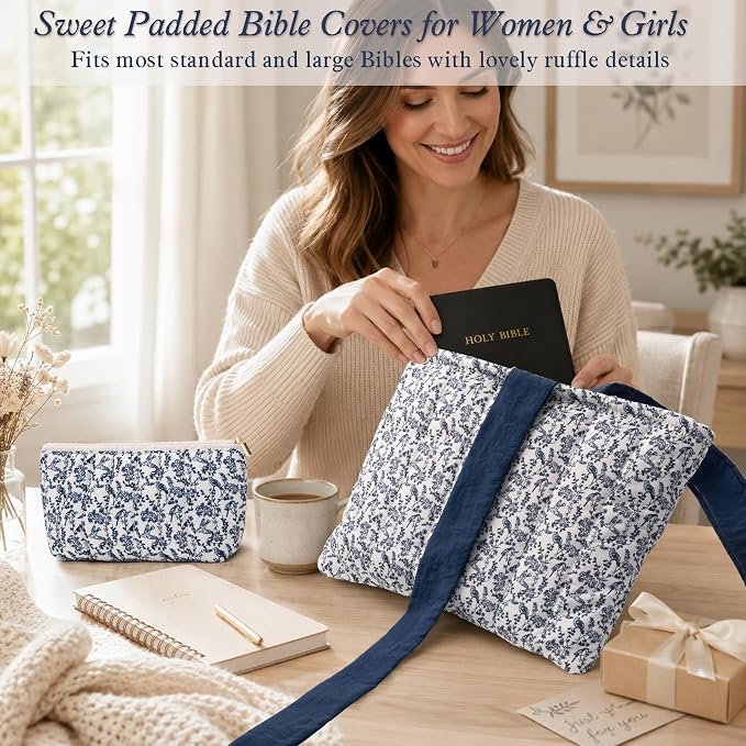 XKDOUS Quilted Cotton Bible Case for Girls and Women, Machine Washable Bible Book Cover with Large Capacity Pen Bag, Soft Cute Bible Carrying Bag with Bow Fits Most Standard Bibles, Songbird Floral