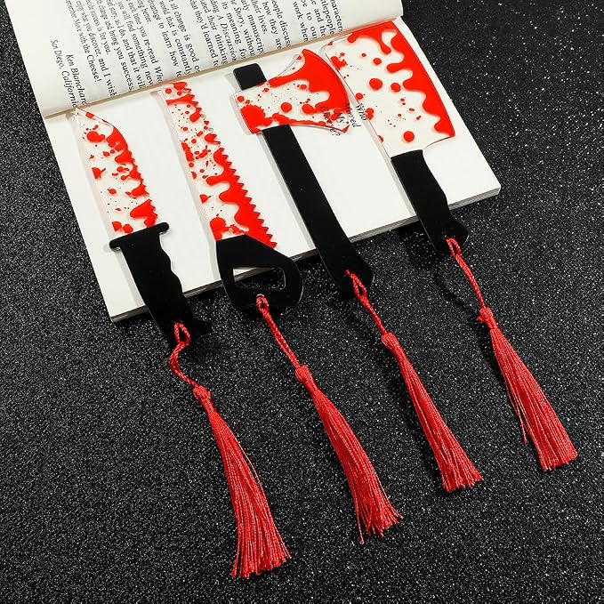 Horror Movie Knife Acrylic Bookmark, Gothic Character Dagger with Tassel,Book Lover Book Mark Halloween Gift (6PC Red Knife)