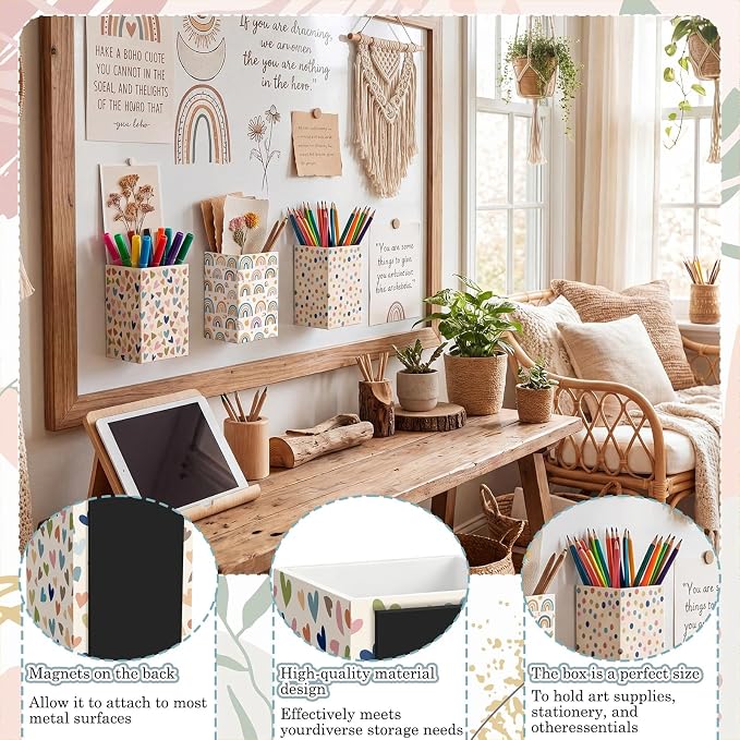 6 Pcs Boho Classroom Decor Classroom Magnetic Storage Boxes Magnetic Storage Containers Plastics Pen Holder for Refrigerator Whiteboard Home Office School Organizer Supply
