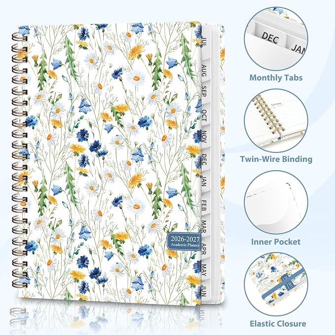 Academic Planner 2026-2027, Weekly and Monthly Agenda Planner, Daily Calendar Planning Notebook (July 2026 - June 2029), School Teacher Student Supplies, Scattered Flowers