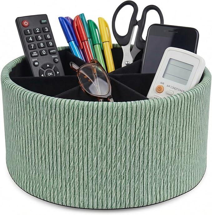 Remote Control Holder, 360°Spinning PU Leather Desk TV Remote Caddy,Desk Storage Box Room Accessories for Controller, Media,Mail,Calculator, Mobile Phone,Pencil(1-Big Wood Green)
