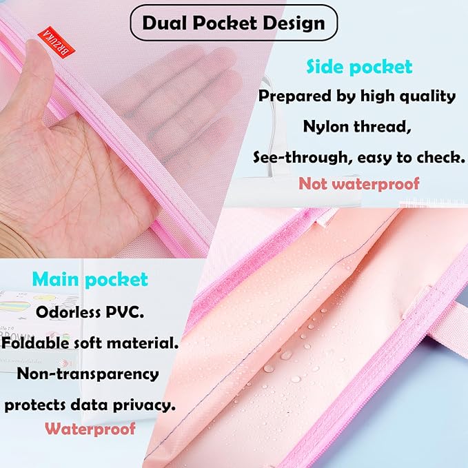 Mesh Zipper Pouch 11x13.7 in, A4 Double Pocket Waterproof File Bag with Handle, Document Storage for School/Travel/Office/Cross Stitch/Puzzle (Pink)