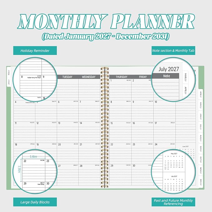 2027-2031 Monthly Planner 5 Year Monthly Planner/Calendar 2027-2031, Jan 2027 – Dec 2031, 9" x 11", Tabs, Double-Side Pocket, Holidays, Thick Paper - Green