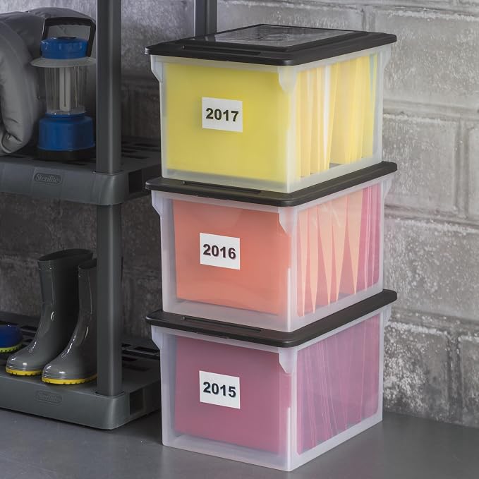 Transparent plastic file box with cover-suitable for A4/ legal size hanging folders. Office home storage boxes can be stacked 18.5x14 inches. Used in home, office, dormitory, garage, etc.