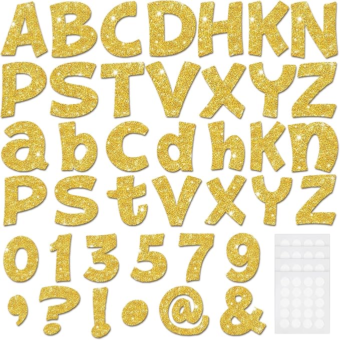 Colarr 216 Pcs Gold Glitter Bulletin Board Letters for Classroom Number Alphabet Punctuation Symbol Cutout 4'' Die-Cut Poster Letter with Adhesive Dot School Graduation Party Holiday Decor Display