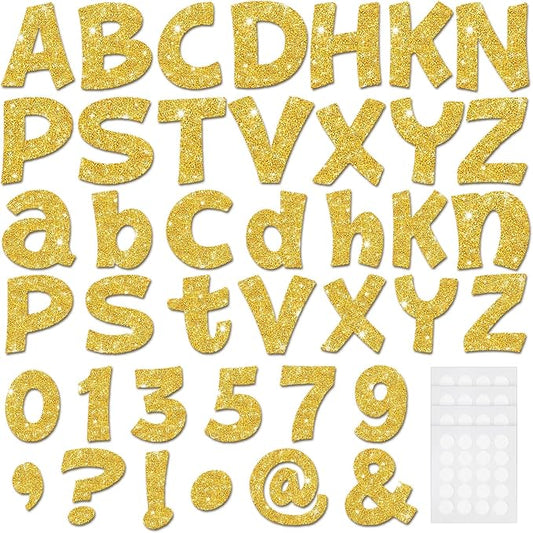 Colarr 216 Pcs Gold Glitter Bulletin Board Letters for Classroom Number Alphabet Punctuation Symbol Cutout 4'' Die-Cut Poster Letter with Adhesive Dot School Graduation Party Holiday Decor Display