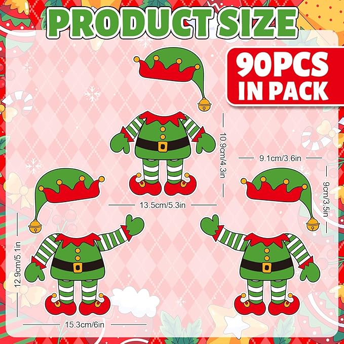 FYSUIMU 90 Pcs Christmas Elf DIY Cutouts Cut-Outs Xmas Cartoon Elf Paper Cutting with 150 Pcs Glue Points for Crafts Party Classroom Bulletin Board Photo