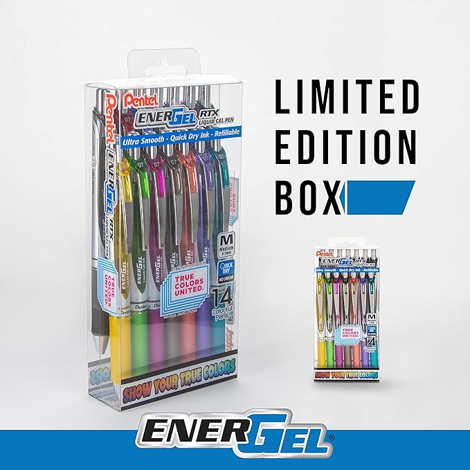 Pentel EnerGel RTX True Colors United 0.7mm, Medium Line, 14 Assorted Ink Colors, Pack of 14 pens BL77PC14MTCU