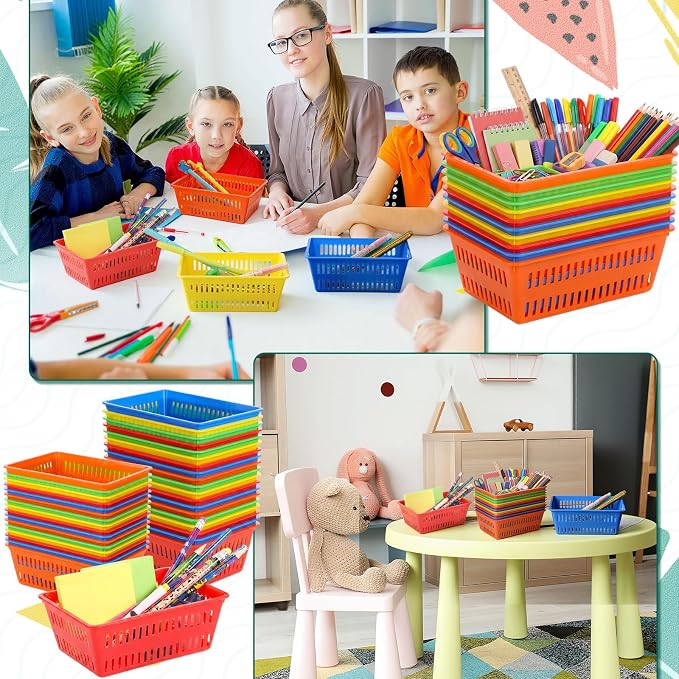 Sherr 60 Pack Classroom Storage Basket Small Plastic Basket for Organizing Crayon Pencil Container Storage Bin Tray Holder for Paper Shelf Back to School Office Supply 6.1"l x 4.3"w x 2.4"h (Colorful)