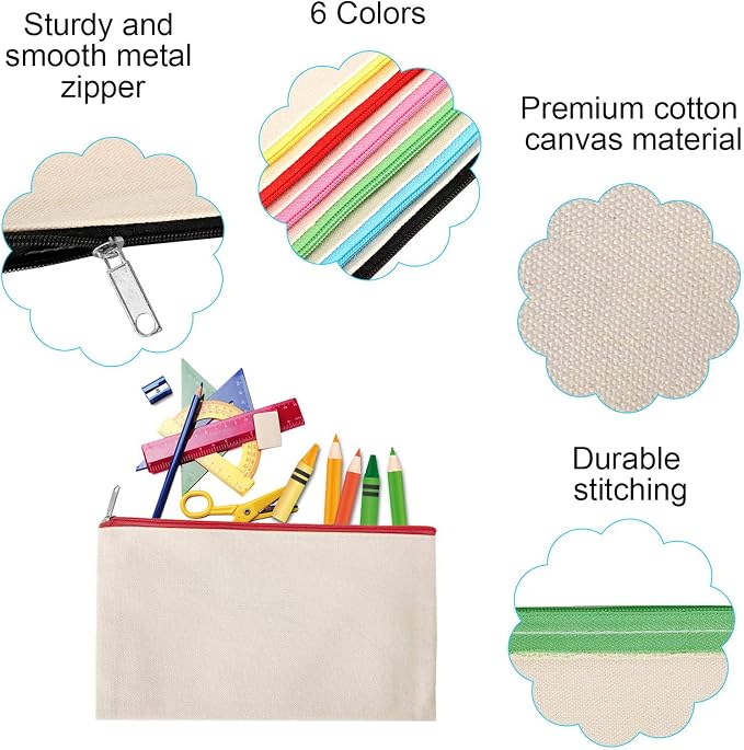 12 Pieces Cotton Canvas Makeup Bag, Multipurpose Cosmetic Bag with Zipper Travel Toiletry Pouch, Blank DIY Craft Bag (Beige, M)