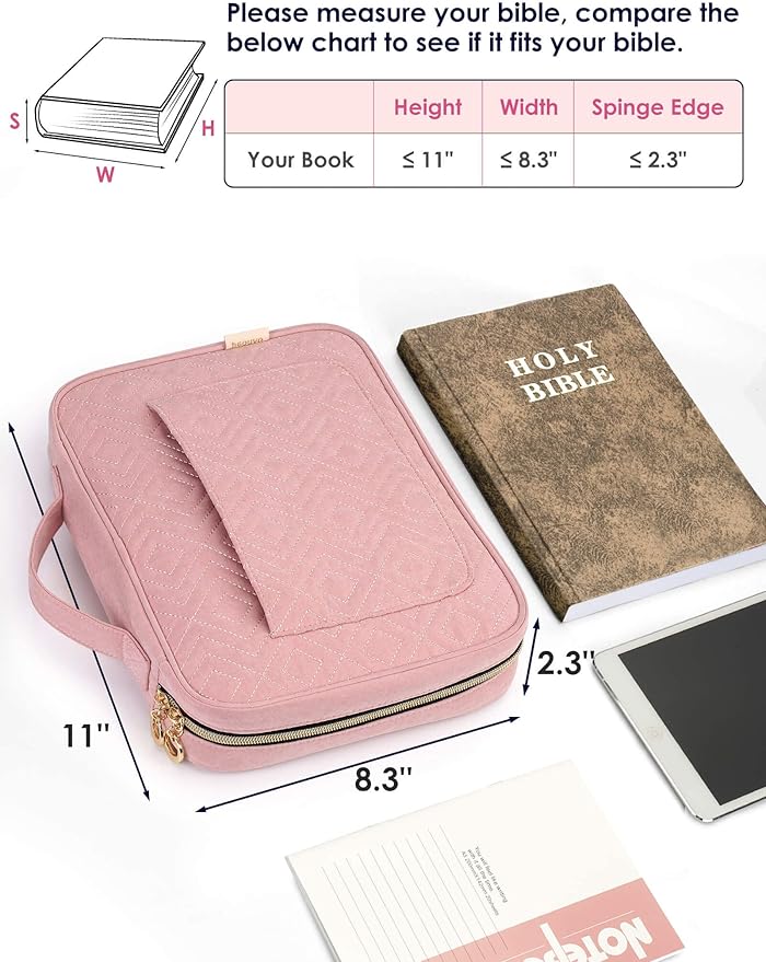 heouvo Bible Cover Case for Women, Bible Study Supplies, Bible Journaling Kit, 6 No Bleed Bible Highlighters and Pens, 75 Bible Tabs, Large Size Zippered Bible Bags (Pink)