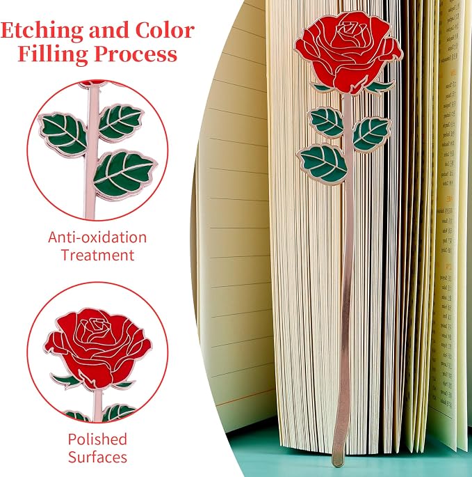 simarro Metal Rose Bookmark, Flower Book Page Holder for Reading Lovers, Cute Bookmarks Gift for Teacher Appreciation Gifts Valentine Mother's Day Thanksgiving Gift for Women Girls(Red)