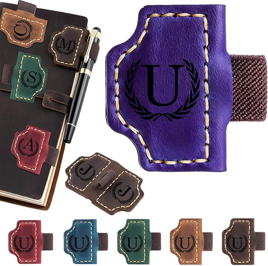 Artlaza Personalized Magnetic Leather Bookmark with Pen Holder - 26 Letters Custom Book Mark with Name Initial Engraved Book Marker for Readers, Book Lovers, Travelers - Gift for Women & Men(Purple，U