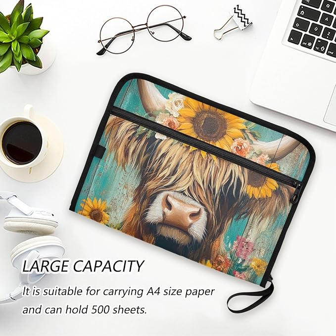 ALAZA Cow and Sunflowers Expanding Filing Folder, 13 Pockets Expandable Document Organizer Folder with Zipper Closure for Home Office A4 Letter Size Paper Document