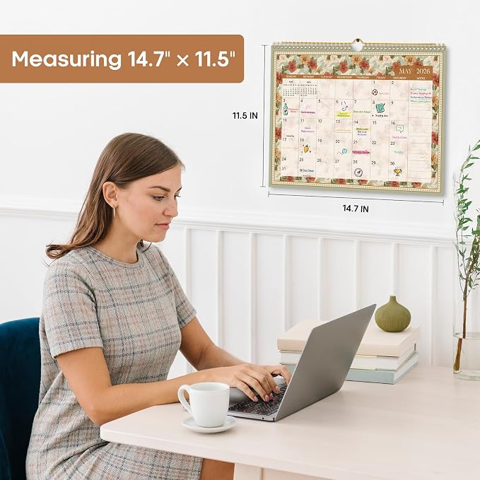 Calendar 2026-2027, Monthly Wall Calendar Runs Until June 2027, 11.5" x 14.8", Spiral Binding Hanging Wall Calendar, Perfect for Home or Office,Floral Borders