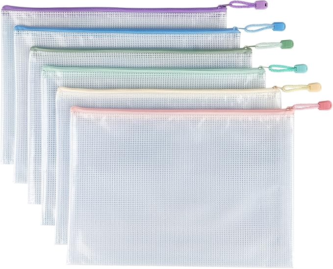 Tamaki 6 Pack Mesh Zipper Pouch Bags Waterproof Zipper Bags Durable Pouches for Organization Bag Board Game Storage, Document Bag Letter/A4