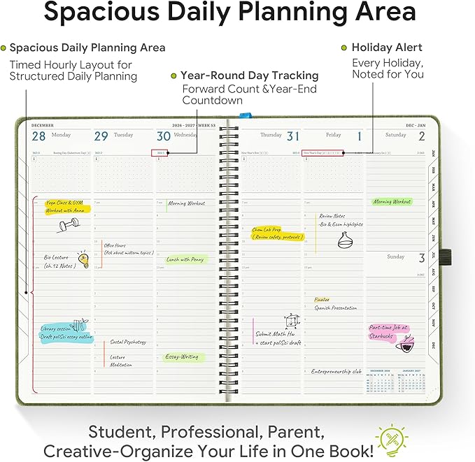 2026-2027 Planner, Daily Weekly Monthly Academic Planner, 18 Months Spiral Bound Agenda, 8.5"x11.5", Vertical Layout, Calendar Planner, Vegan Leather Soft Cover,Blue