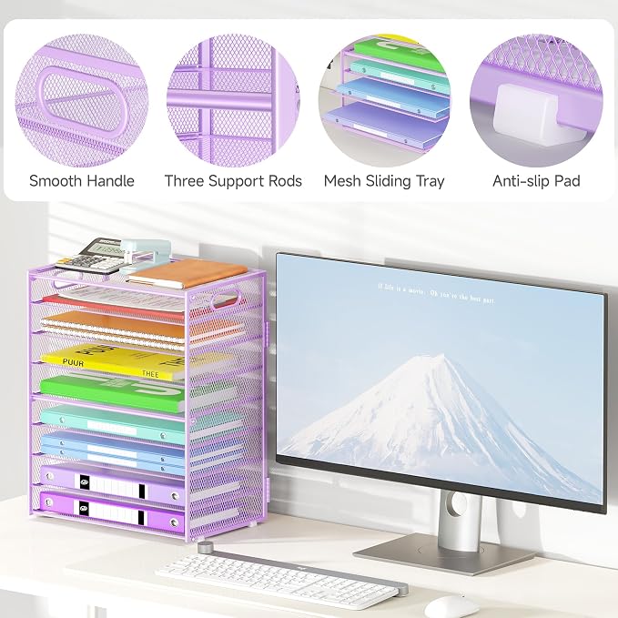 Cawukege 9 Tier Paper Organizer with Handle, 2 Pack Large Capacity Desk Organizer Mesh Paper Letter Tray File Folder Document Sorter for Classroom and Office Accessories Organization- Purple