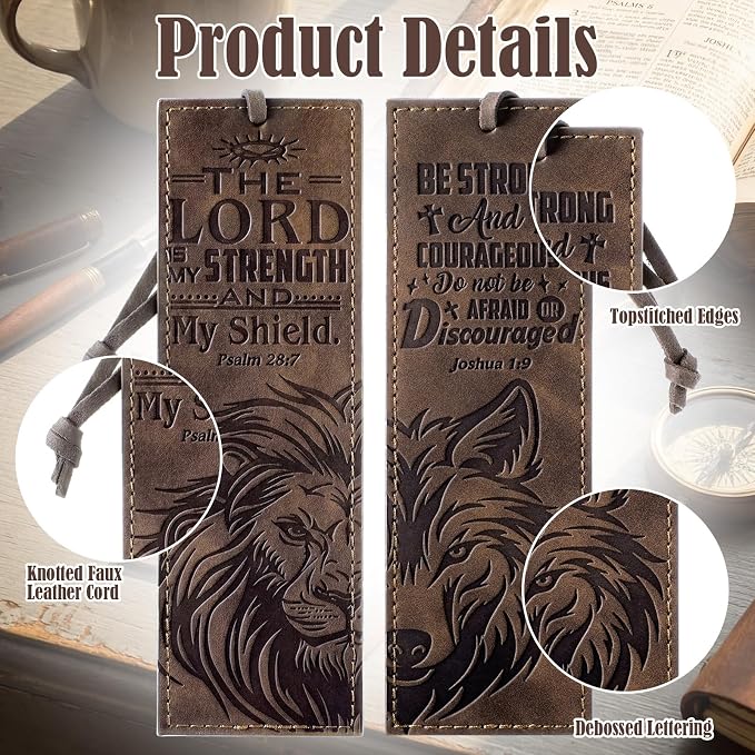 Tinlade 2 Pcs Wolf Lion Leather Bible Bookmark Christian Bookmarks Gifts for Men with Psalm the Lord is My Strength Inspirational Bible Leather Book Marks for Reading Men Religious Father's Day Gifts