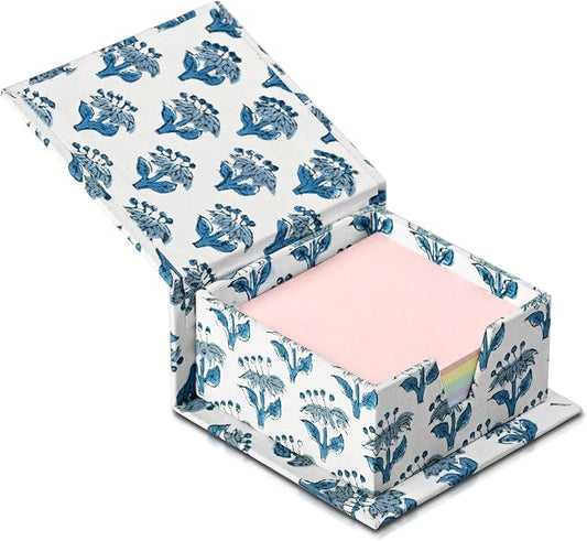 CPC Apatite Blue Block Print Cotton Desk Organizer Sticky Note Holder, 4'' X 4'' X 2'' Cute, Aesthetic, Decor Accessories, Workspace Organizers, Caddy Storage, Gift for Office, Professionals, Student