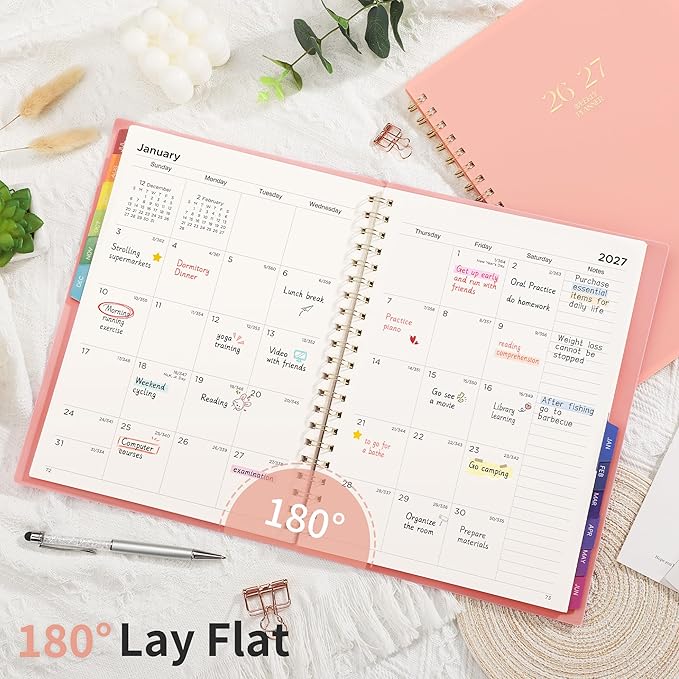 EMSHOI Academic Planner 2026-2027, Large A4 8.5x11, Weekly and Monthly Calendar (July 2026-June 2027), School Student Teacher Agenda Book, 100GSM Thick Paper, PVC Cover, Colorful Tabs, Pink