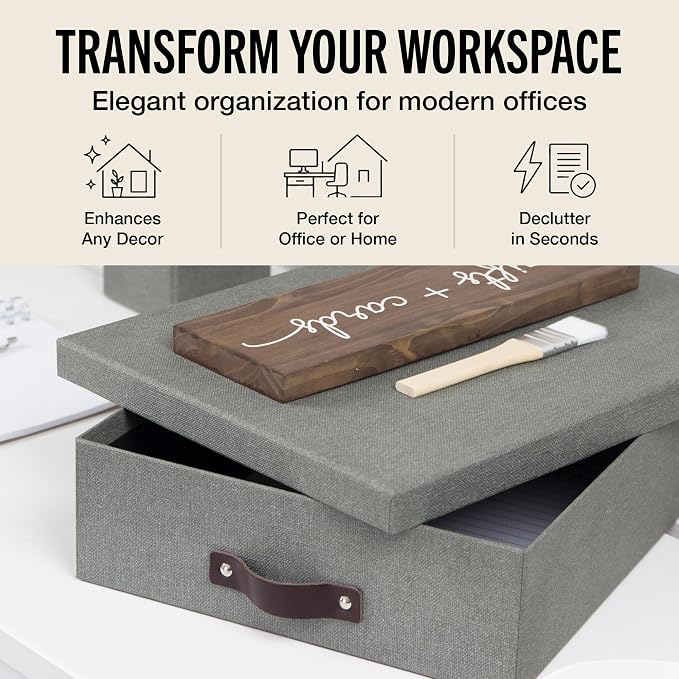 Bigso Box of Sweden Oskar Canvas Fiberboard Document Letter Box - File Organizer Box for Important Paperwork - Document Storage with a Lid & Handle - 3.3 in x 10.2 in x 13.8 in - 3 Pack - Grey