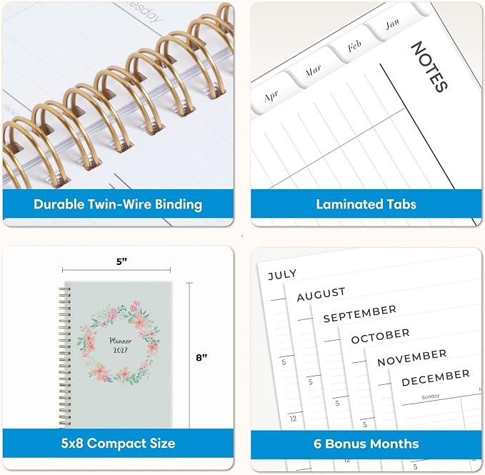 Blue Sky 2027 Weekly and Monthly Planner Calendar, January 2027 - December 2027, 5" x 8", Flexible Frosted Cover, Laminated Tabs, Durable Twin Wire Binding, Laurel