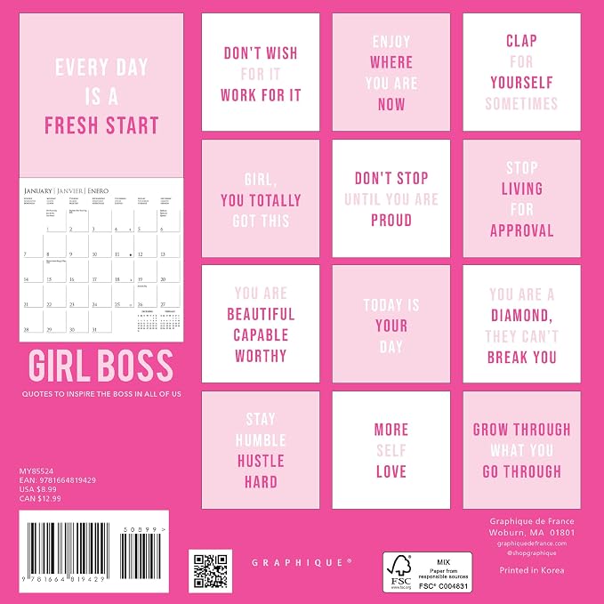 Graphique 2024 Girl Boss Mini Wall Calendar | 7” x 7” | Thick Paper | Home & Office Organizer | Large Monthly Grid | 3 Languages & Marked Holidays | 4 Month Preview Page for 2025