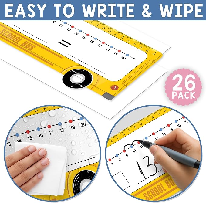 26-Pack School Bus Number Line Dry Erase Boards Cards, 14"x4", Double-Sided, 0-10 on One Side & 0-20 on Other Side, Math Manipulatives for Student, Education Classroom Must Haves