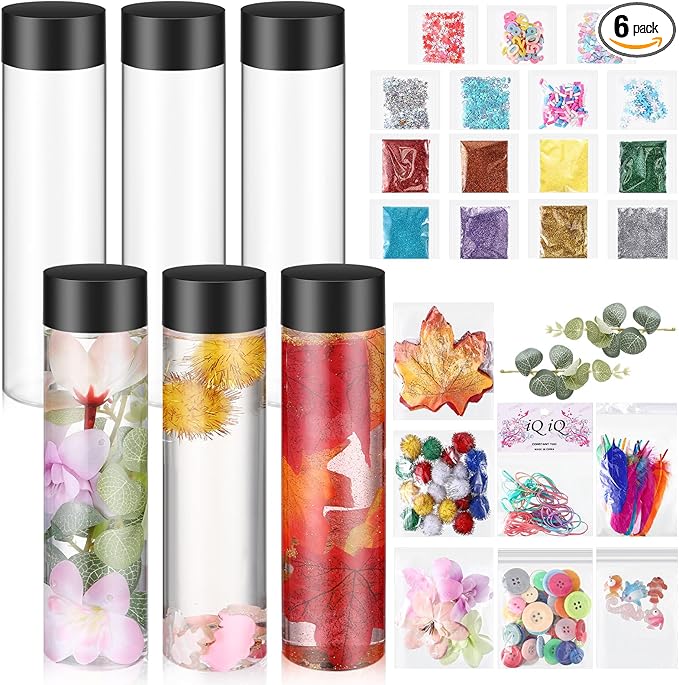 Arrowbash 6 Pcs Sensory Bottles Kits for Toddlers 1-3 Kids 400 ml Plastic Calming Bottles Empty with Lid Calm Down Jar Kit Filler Glitters Sequins Weather Containers for Relieving Anxiety Disturbed