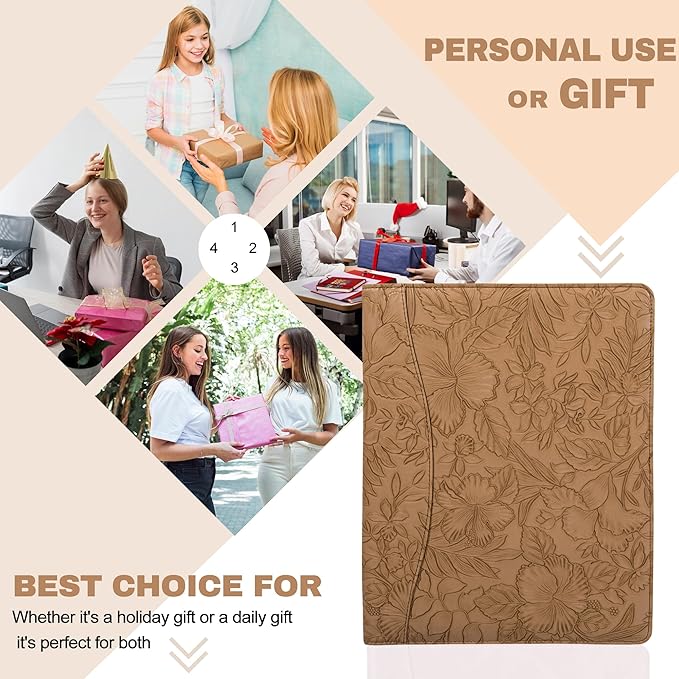 Free Engraved Name,Embossed Padfolio Portfolio PU Leather Binder,Interview Resume Folder,Business Card Holder, Organizer with A4 Legal Pads for Men Women(Light Brown,Custom)