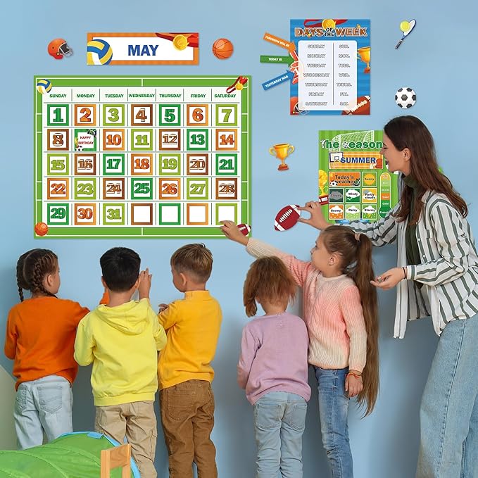 Sports Football Calendar Bulletin Board Set for Classroom Decoration Basketball Soccer Calendar Seasons Weather Chart Sport CTP Bulletin Board Paper-Cuts for Teachers Elementary School Classroom