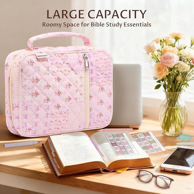 Quilted Bible Cover Case for Women with Bible Study Supplies Journaling Kit Floral Bible Bag Carrying Case with Pastel Highlighters Tabs, Women Christmas Christian Gifts (Purple Pin, M)