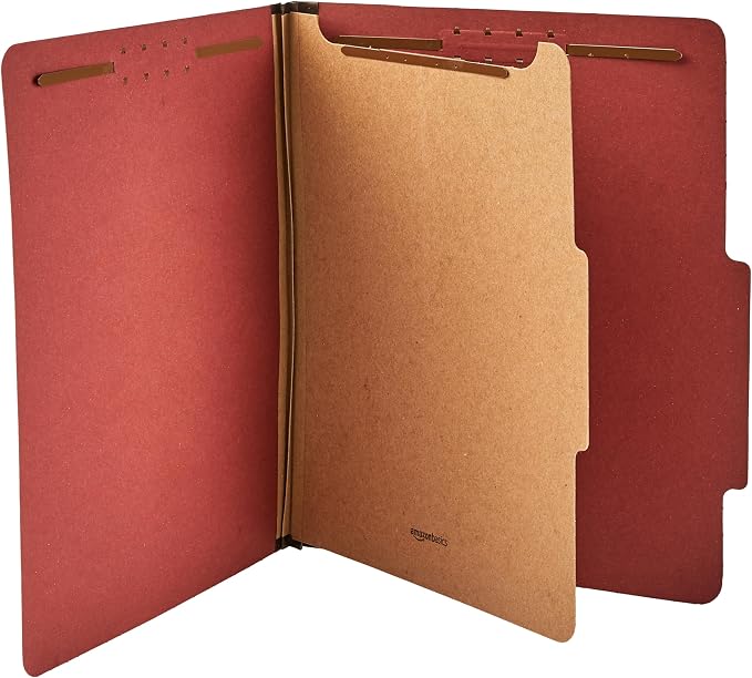 Amazon Basics Classification File Folder, 1 Divider, 2" Embedded Fasteners, Letter Size, 100% Recycled Material, Red, 10 Count