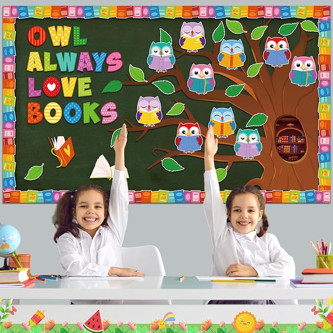 Pasimy Reading Bulletin Board Decorations Fall Classroom Decor Library Bulletin Board Set Owl Paper Cutouts Colorful Book Border Trim for Autumn Halloween Back to School Home Office Wall Door Supplies